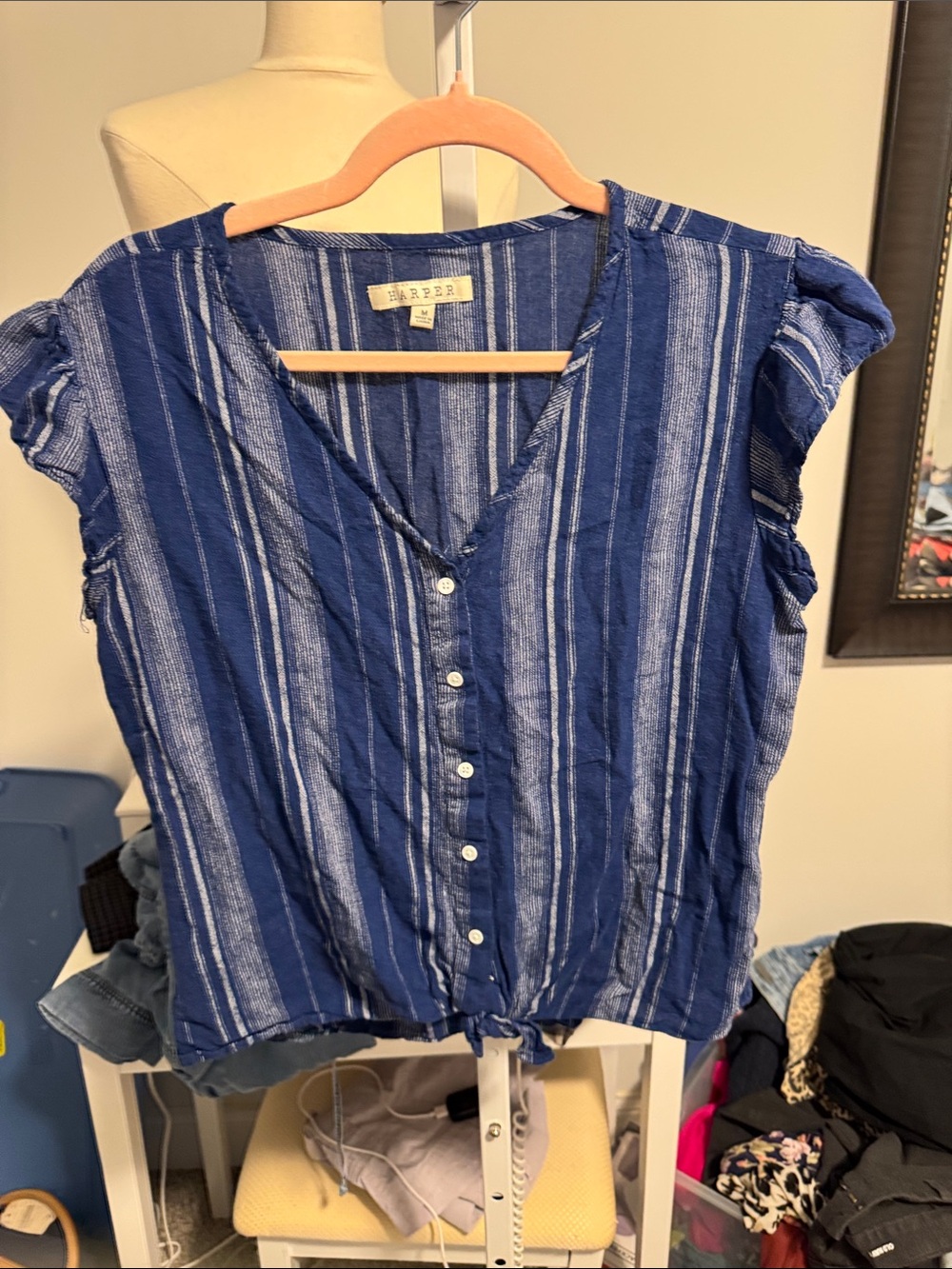 Harper Navy and White Striped Button-Front Tie-Hem Top